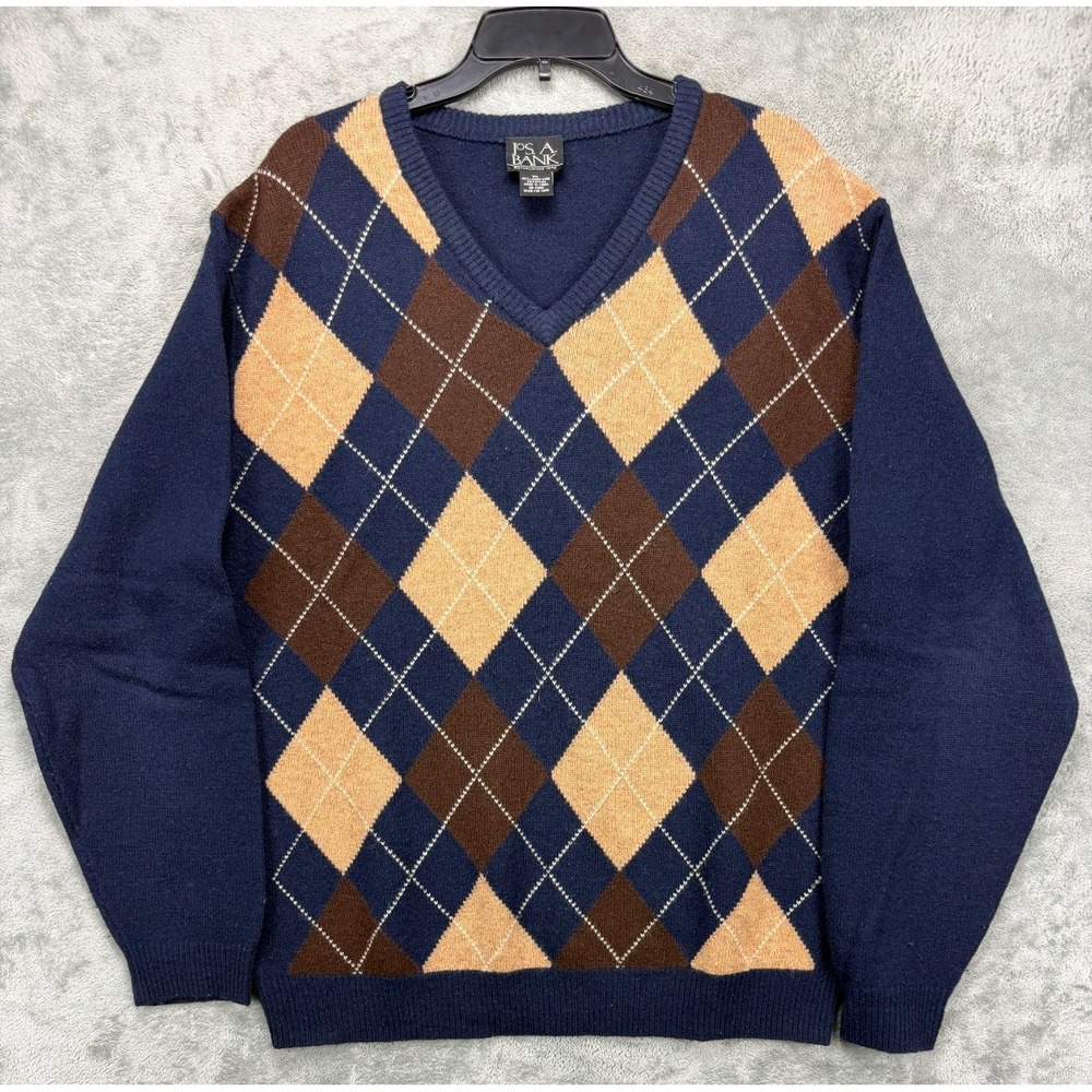 Jos. A. Bank Men's‎ Pullover Sweater XL Navy Argyle V Neck Lambswool Blend